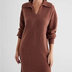 Express Neutral Minimalist Brown Collared Long Sleeve Knit Mini Sweater Dress XS